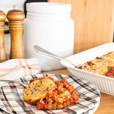 image of sloppy joe casserole topped with biscuits