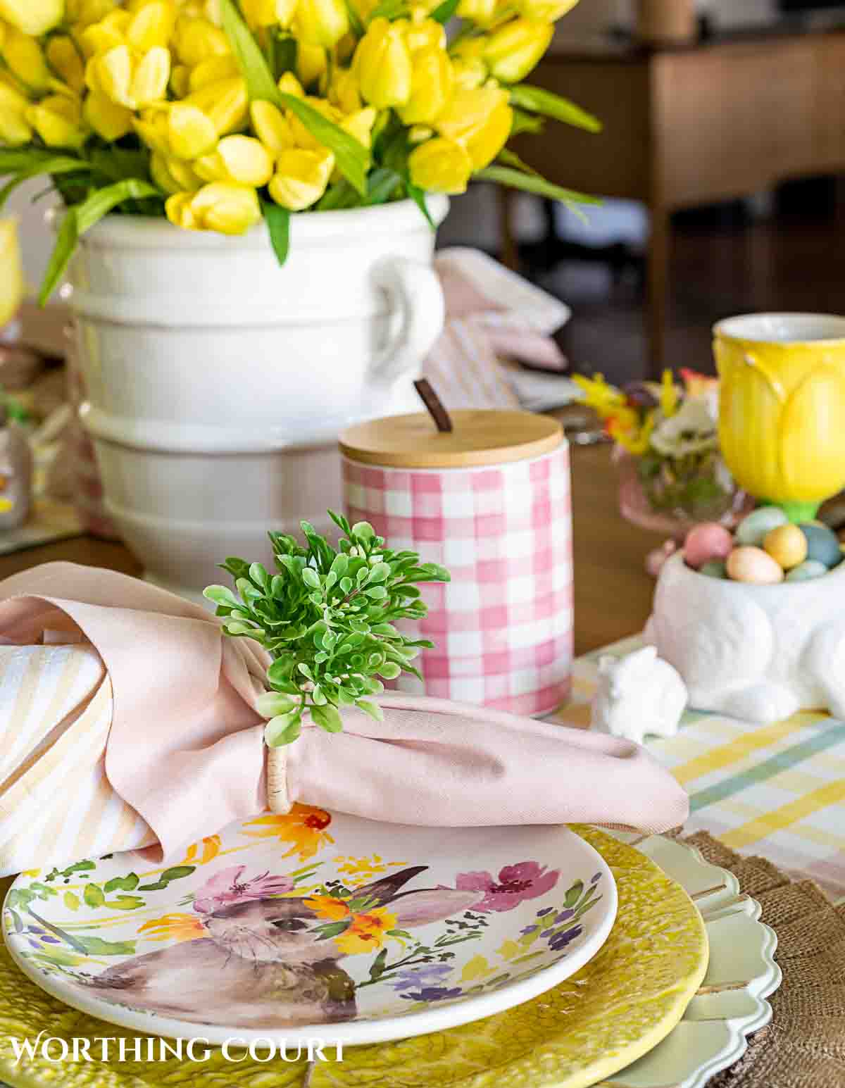 yellow and pink pastel Easter table decorations