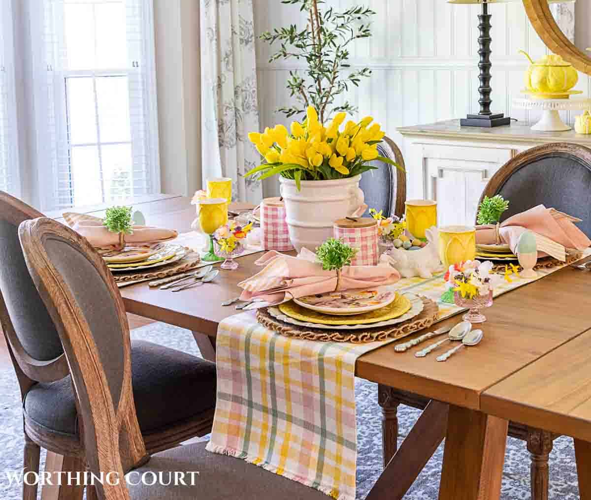 Yellow and pink Easter table decorations