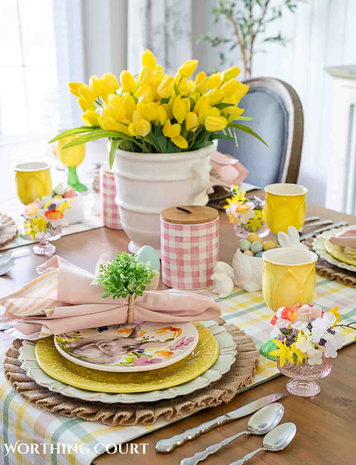 Yellow and pink Easter table decorations