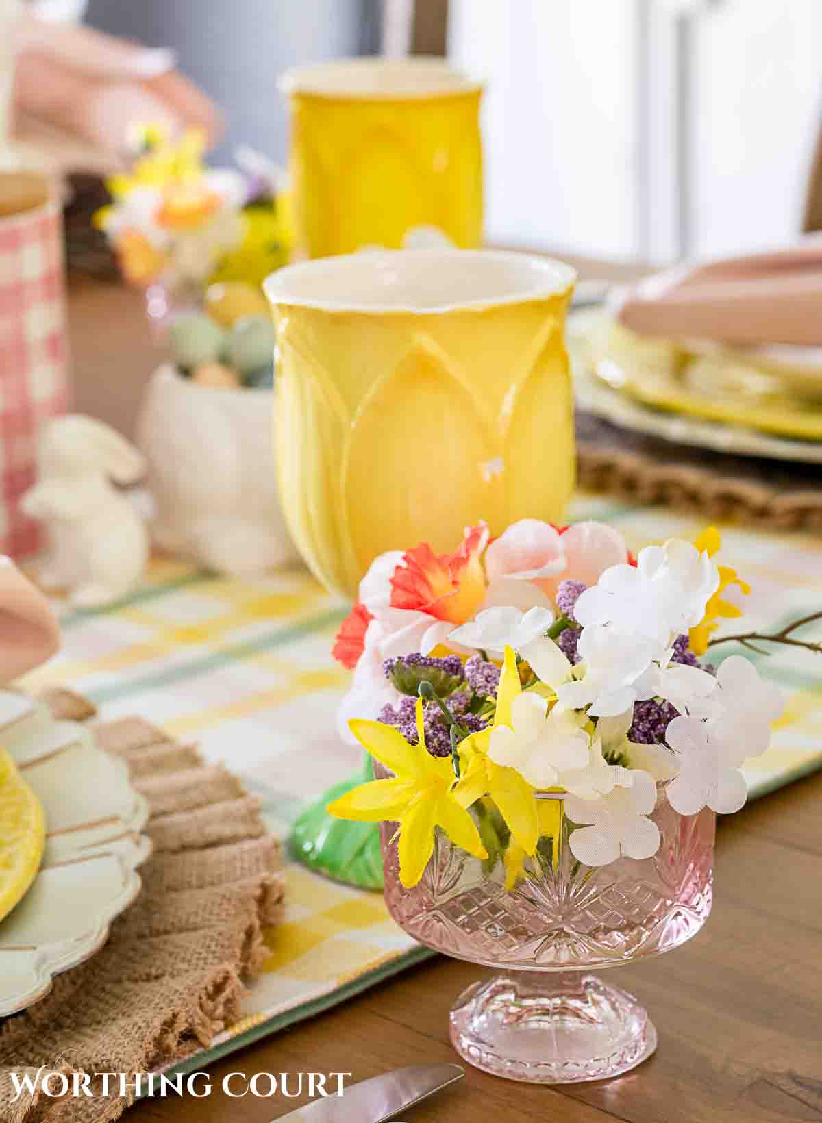 Yellow and pink Easter table decorations