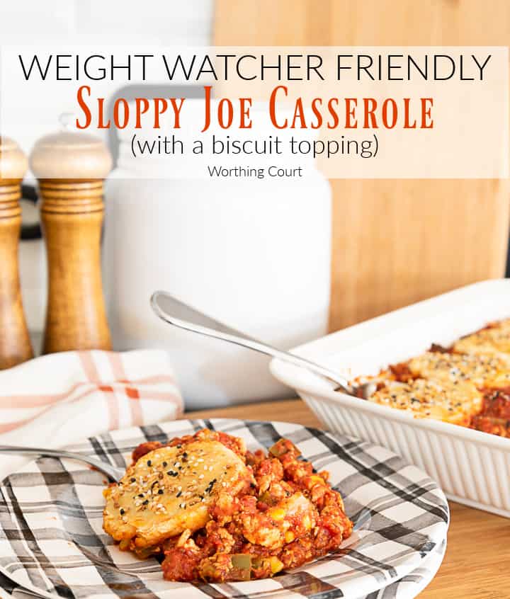 image of sloppy joe casserole topped with biscuits