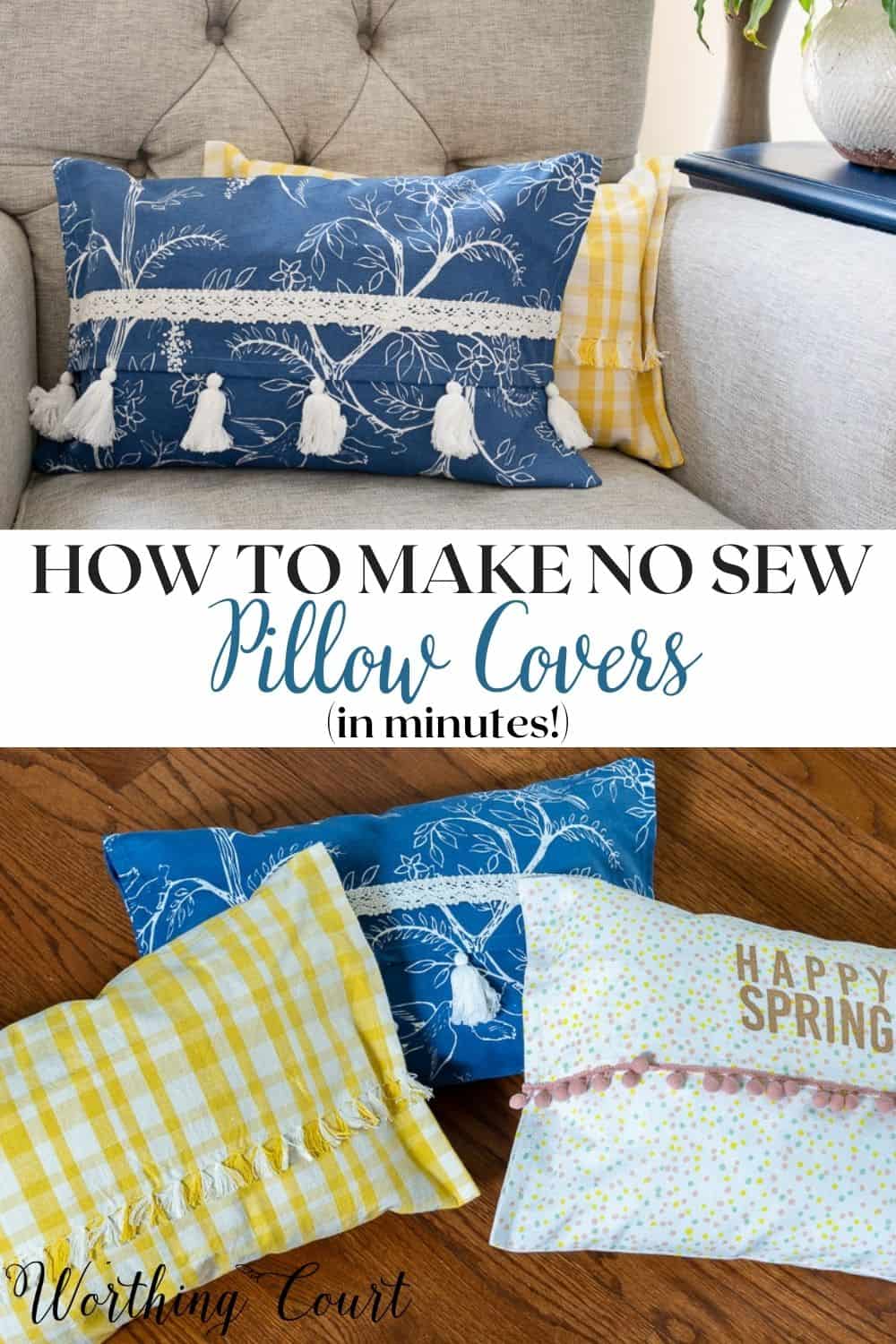 pinterest graphic for how to make no sew pillow covers blog post