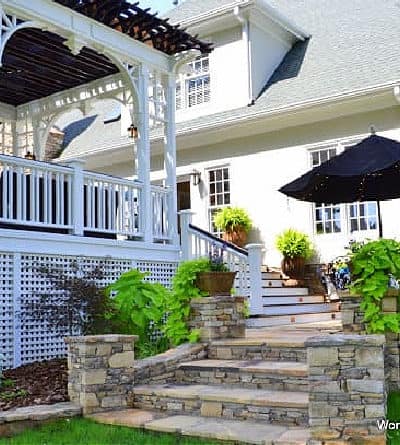 white deck with flagstone stairway