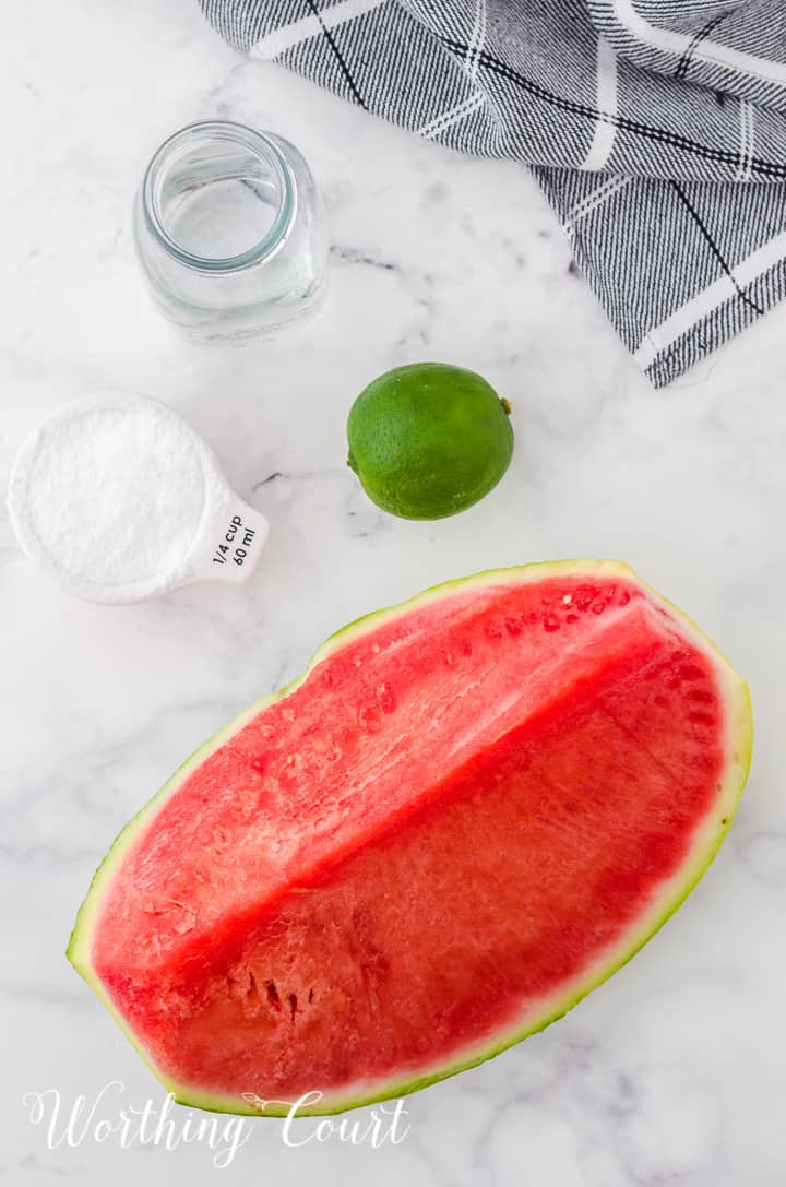ingredients to make watermelon sorbet - watermelon, artificial sweetener, lime and water