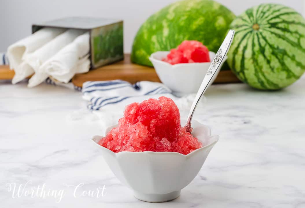 2 small white bowls filled with watermelon sorbet