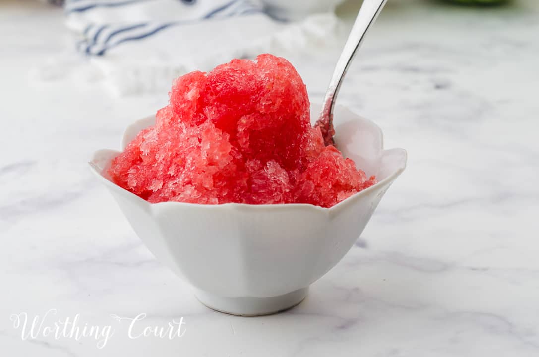 small white bowl filled with watermelon sorbet