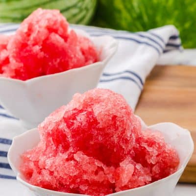 2 small white bowls filled with watermelon sorbet