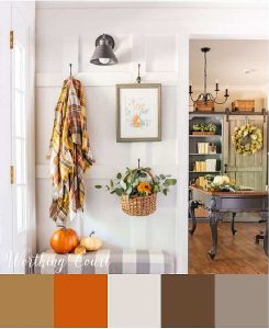 color palette used for fall decor in a foyer with a board and batten wall