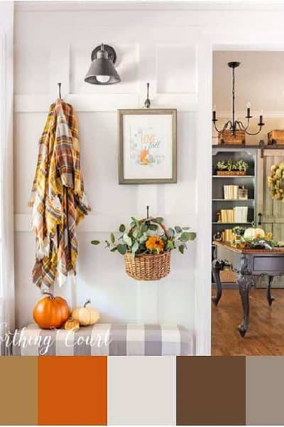 color palette used for fall decor in a foyer with a board and batten wall