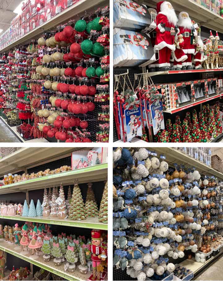 Collage of various Christmas decorations in an At Home store