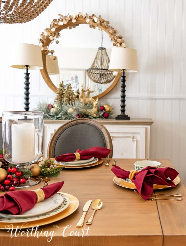 gold and burgundy Christmas tablescape