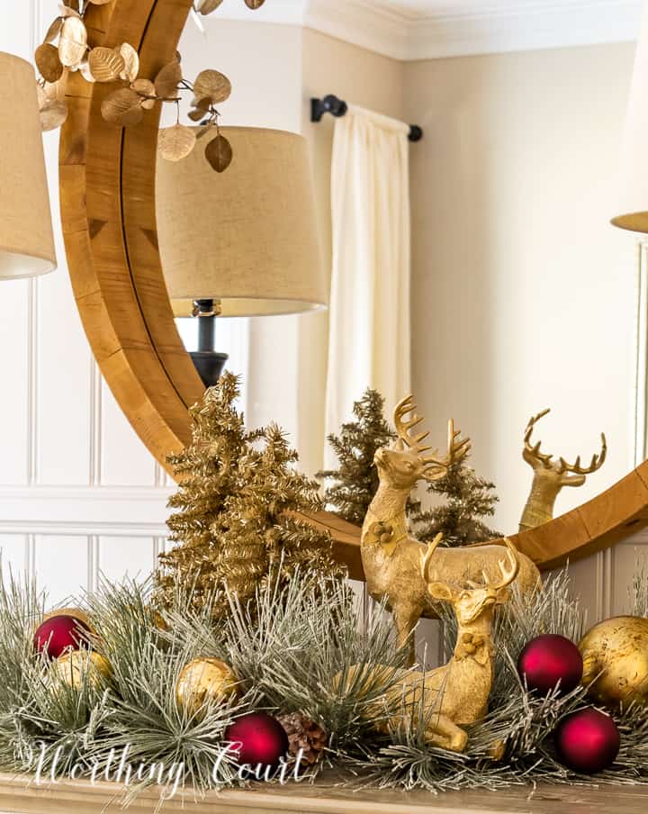 gold and burgundy Christmas sideboard decor