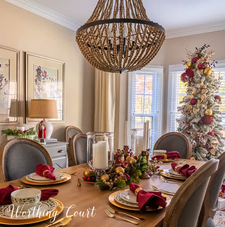 gold and burgundy Christmas tablescape