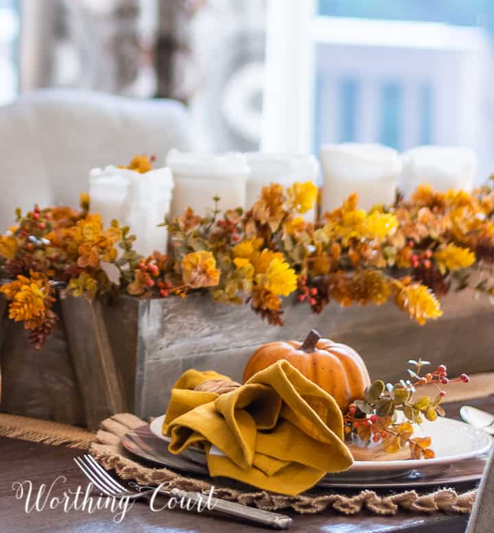 Thanksgiving tablescape using pumpkins and traditional fall colors