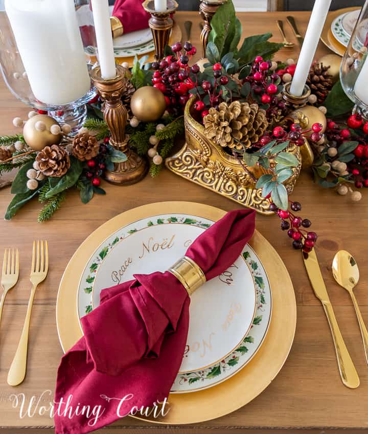 gold and burgundy Christmas tablescape