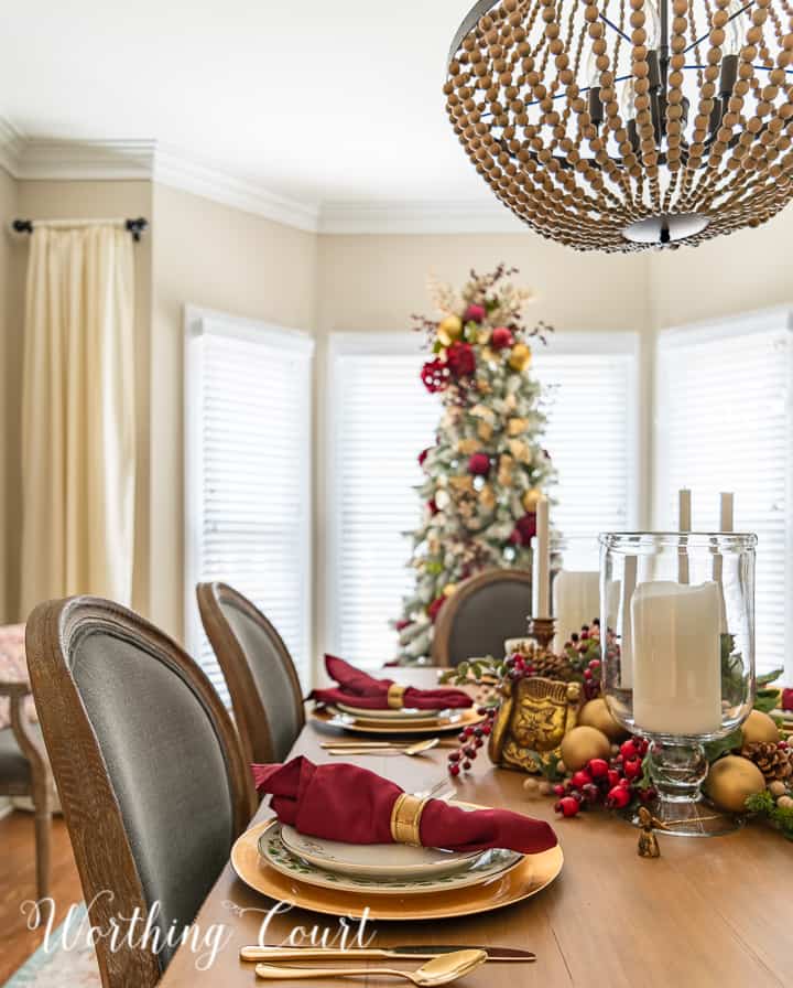 gold and burgundy Christmas tablescape