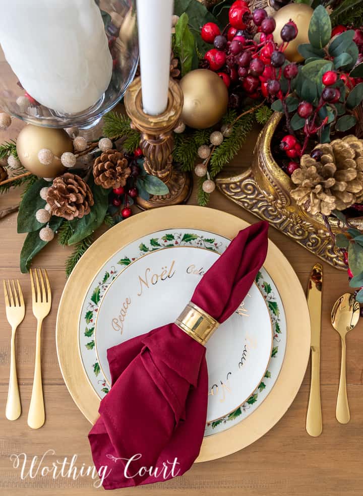 gold and burgundy Christmas tablescape