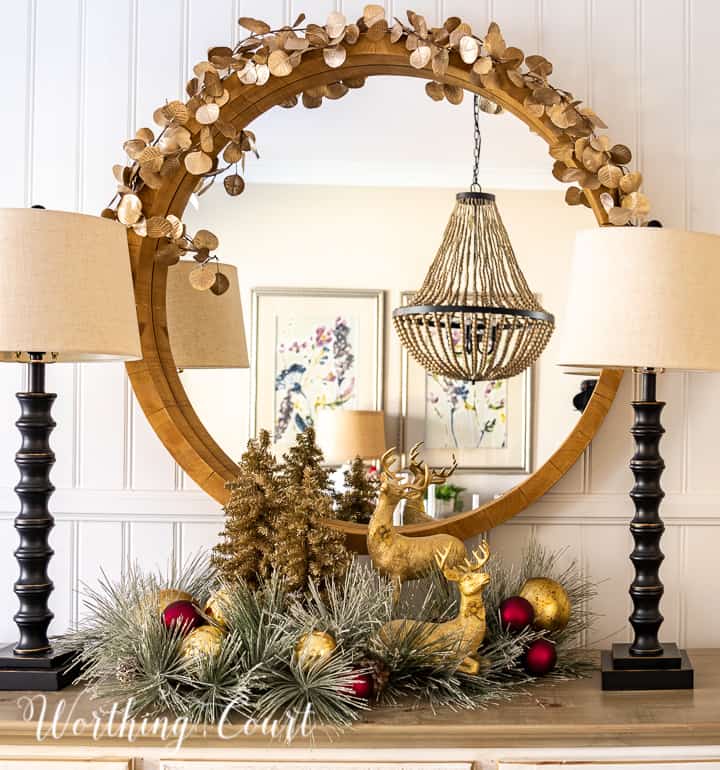 gold and burgundy Christmas sideboard decor