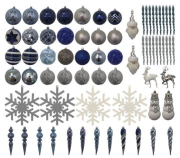 collection of blue and white Christmas ornaments