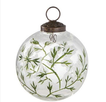 clear Christmas ornament with green leaves and vine