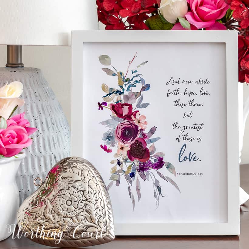 valentine's day vignette including a framed printable