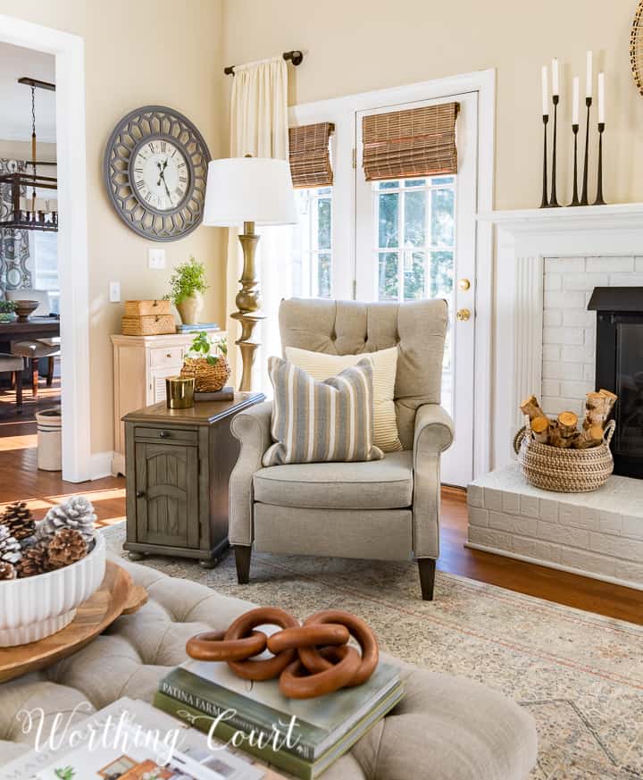 family room with neutral furniture and winter accessories