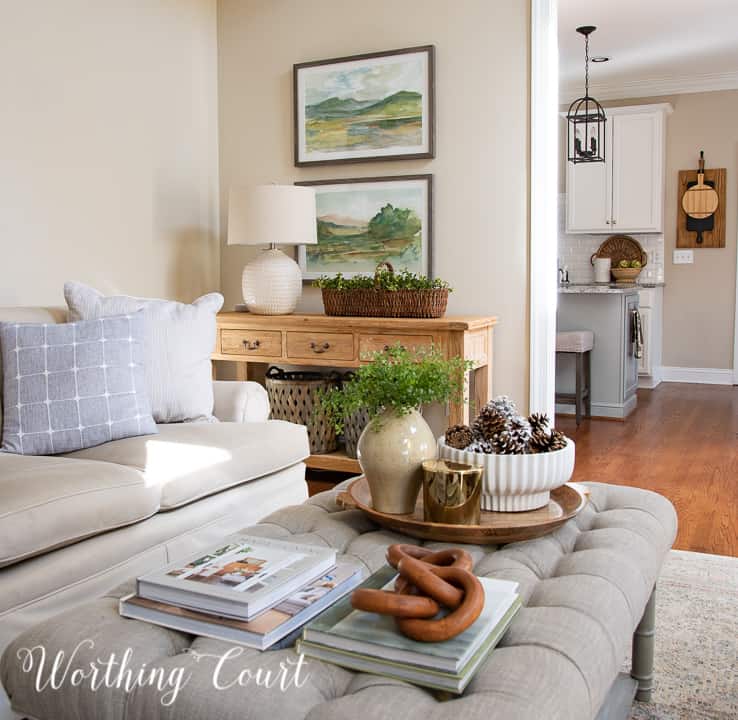 family room with neutral furniture and winter accessories