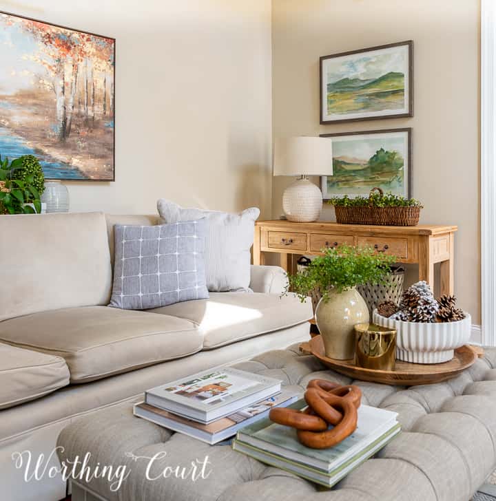 family room with neutral furniture and winter accessories