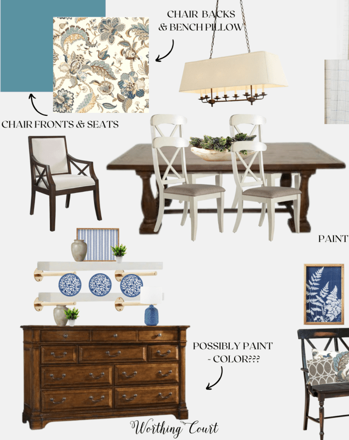 pinterest graphic showing elements of a transitional cottage breakfast nook