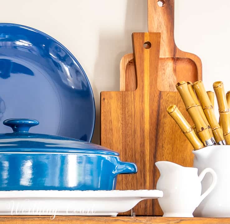 closeup of blue and white accessories on open shelves