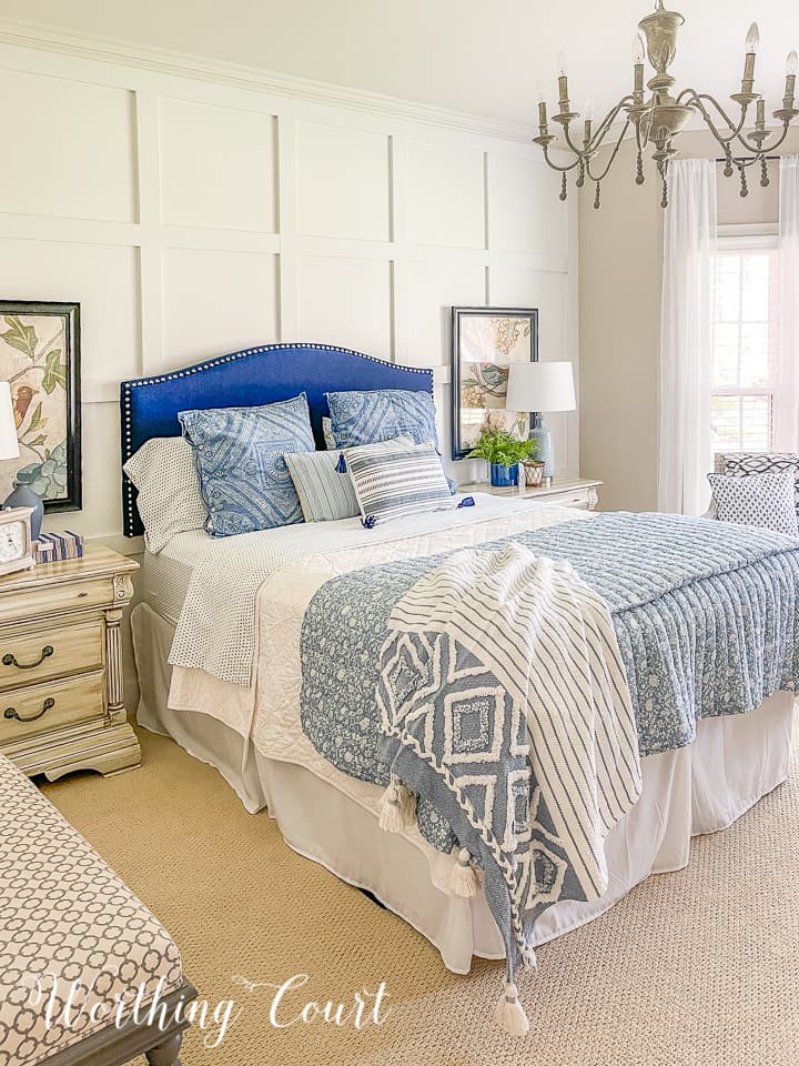 Blue and white bedroom furniture and bedding