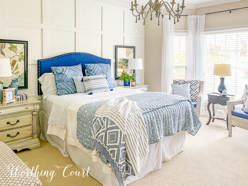 Blue and white bedroom furniture and bedding