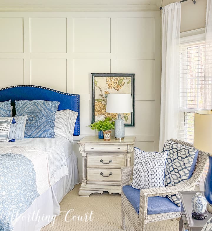 Blue and white bedroom furniture and bedding