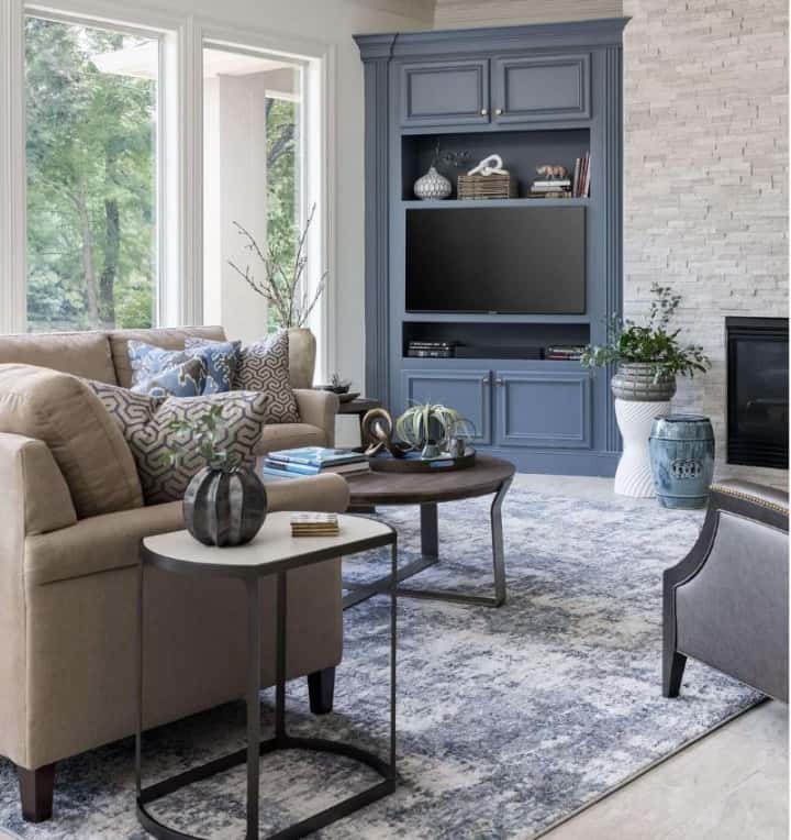 living room decorated with blue and neutrals