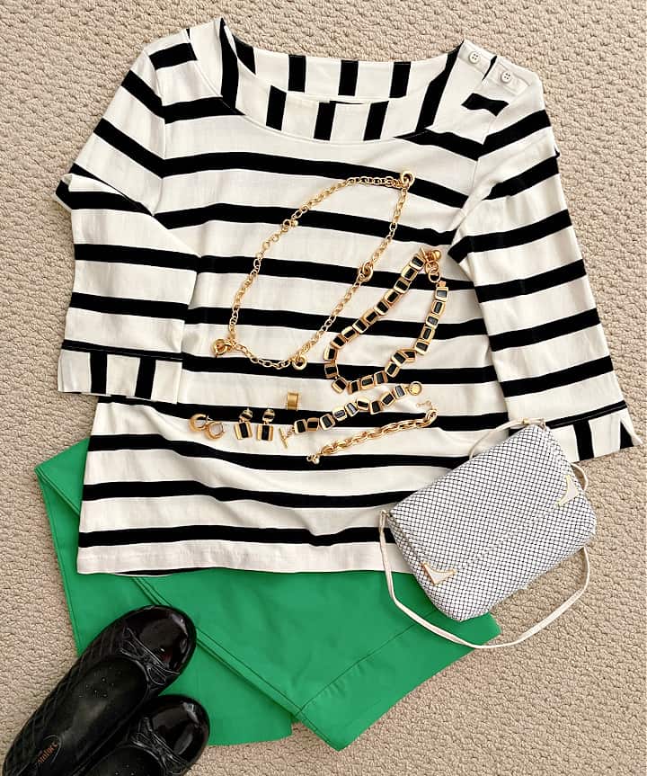 green, black and white outfit