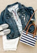 outfit layout with white pants and blue jean jacket