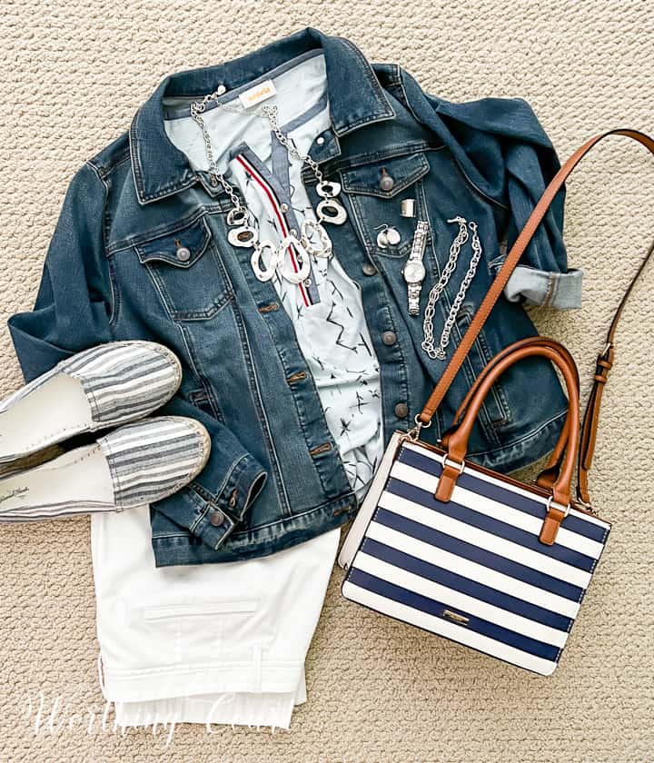 outfit layout with white pants and blue jean jacket