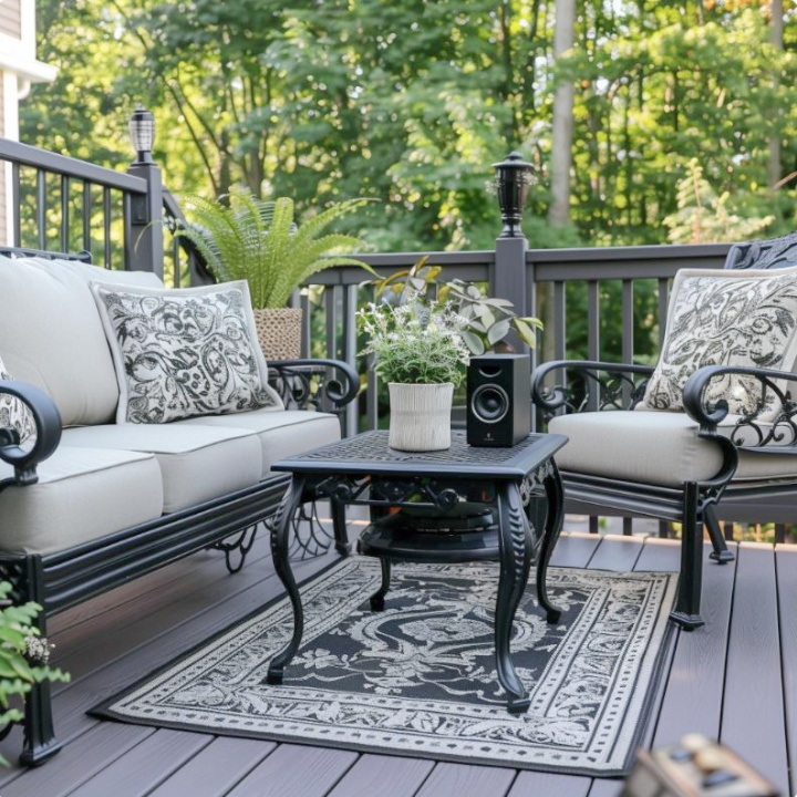outdoor seating area with traditional wrought iron furniture on a deck