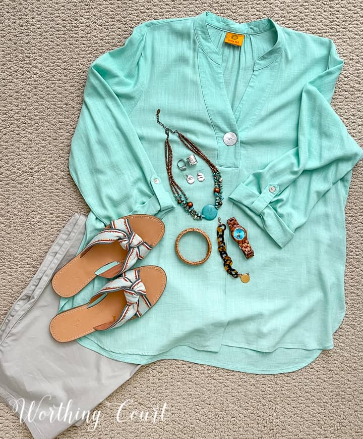 outfit with aqua top and khaki pants
