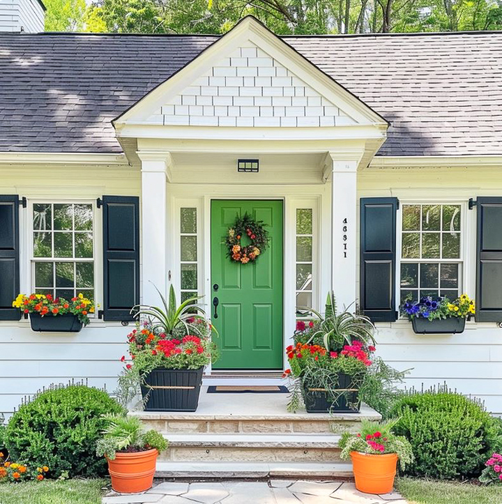 small front porch on white house with black shutters and window boxes with a green front door flanked by pots of flowers