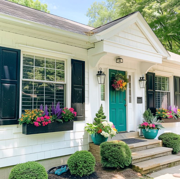 small front porch and window boxes filled with flowers on a white house with black shutters and a turquoise door
