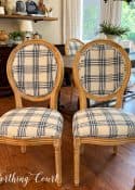 4 dining side chairs with navy and white plaid fabric