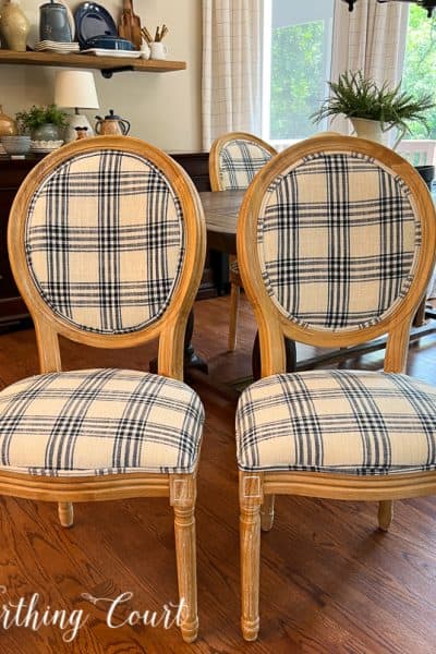4 dining side chairs with navy and white plaid fabric