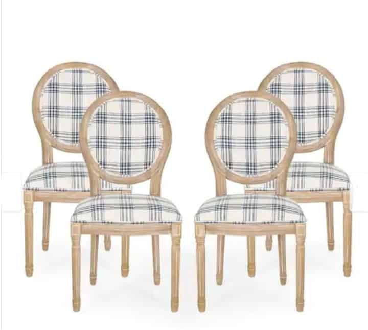 4 dining side chairs with navy and white plaid fabric