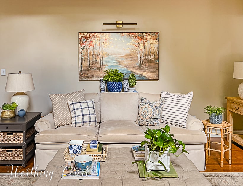 coffee table and sofa table with blue and white accessories