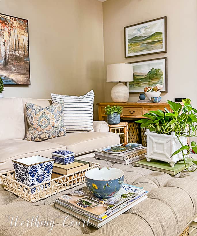 coffee table with blue and white summer accessories