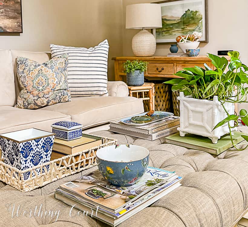 coffee table with blue and white summer accessories