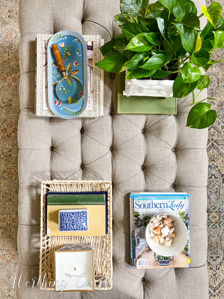 overhead view of a coffee table with summer accessories