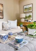 coffee table with blue and white summer accessories